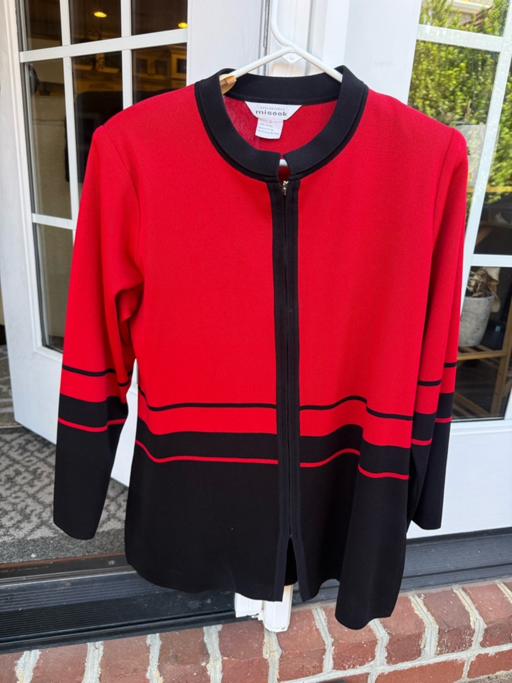 Misook Red and Black Zip-Up Jacket with Gold Eyelet Detail